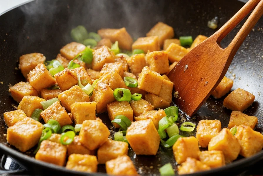 Crispy tofu cubes being tossed with garlic, scallions and salt pepper seasoning in a wok