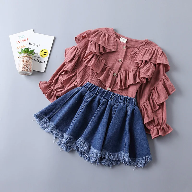 

Toddler Girl Clothing Set Ruffle Long Sleeve Solid Top Shirt and Denim Skirt Set Clothes for Baby Kids M2260