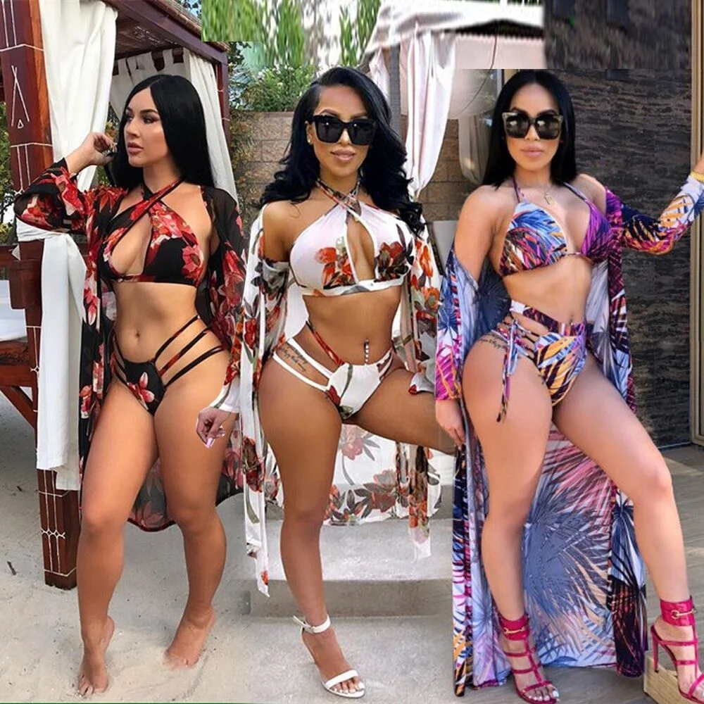 

DLL2021 New arrival sexy digital flower printing women's smock suit clothes multicolor three-piece set beachwear bikini swimwear, As picture or customized make