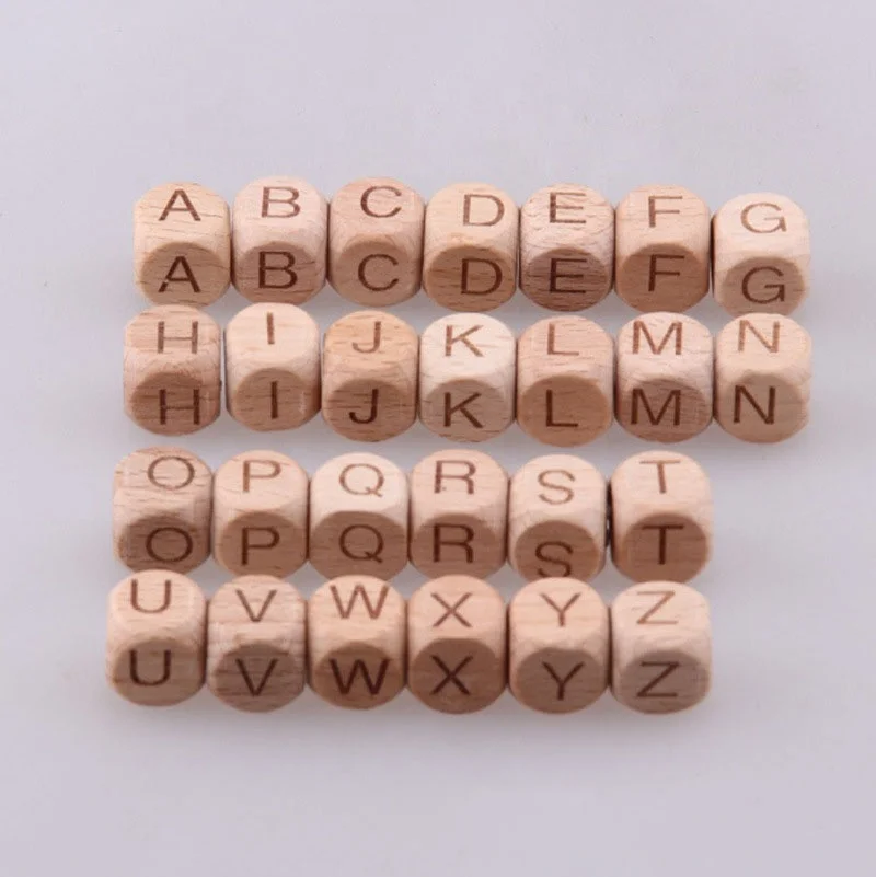 

Wholesale Beech Wooden Teether Letter Diy Engrave Cube Alphabet Pendant Beads for Jewelry Making, Wood color
