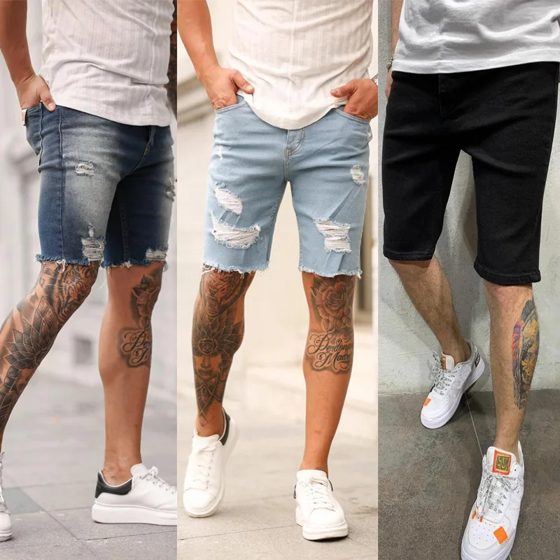 

mens ripped jean shorts for clothing summer wear fashion half length holes design stretch casual plain shorts