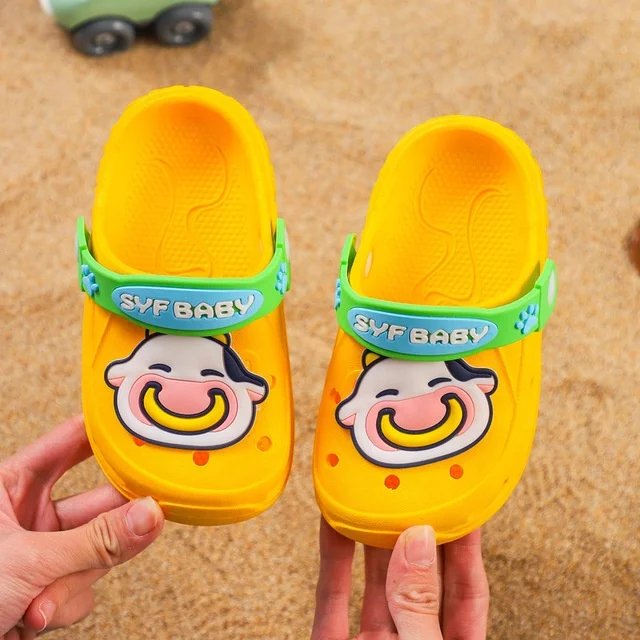 

Hot sale cartoon cow super soft real shoes indoor outdoor PVC children's slippers children baby kids slides, Yellow,blue,pink,grey