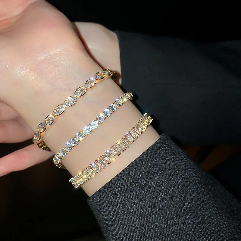 

Luxury Real 18k Gold Plated Sparkling Crystal CZ Bracelet Geometric Round Cubic Zirconia Tennis Bracelet for women