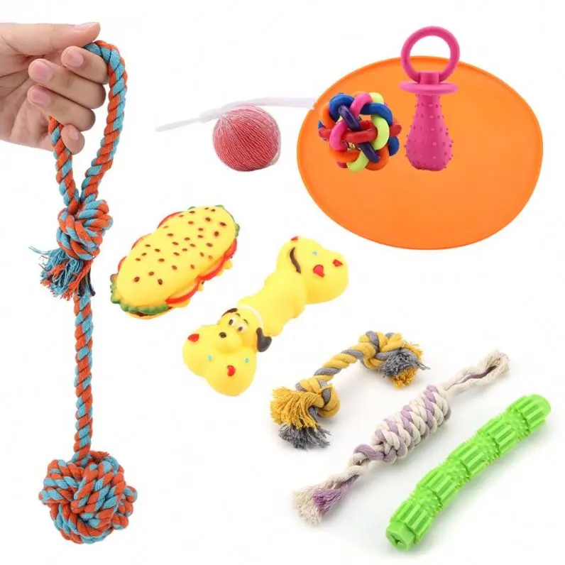 

10PCS / Set Pet Dog Cat Chew Toy Kit Includes Bell Ball Braided Knot Toy Durable Braided Bone Rope Funny Tool