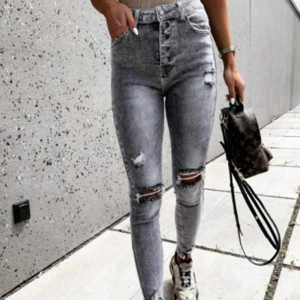 

Grey skinny streetwear spandex jeans women women sexy cut ripped jeans pants