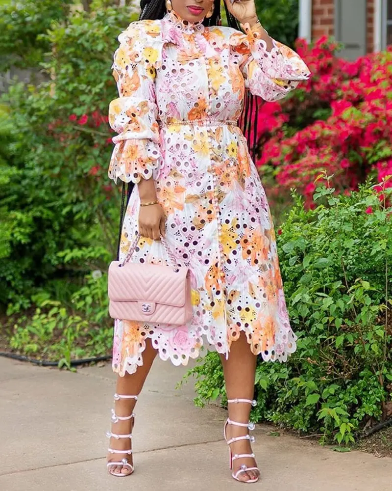 

Embroidery hollow high-end In stock sales 2021 new woman clothes wholesale fashion apparel elegant Club party floral dress, As showed