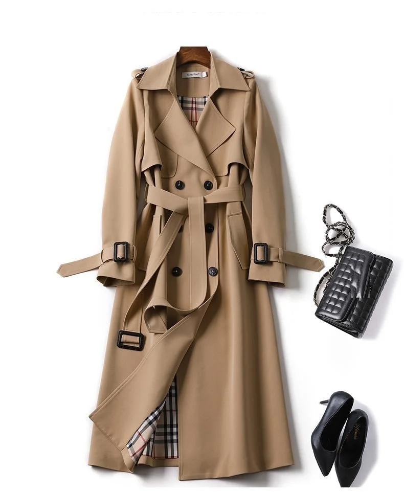 

Korean Style Khaki Mid-length Trench Coat Ladies Temperament Long Large Size Windbreaker Jacket