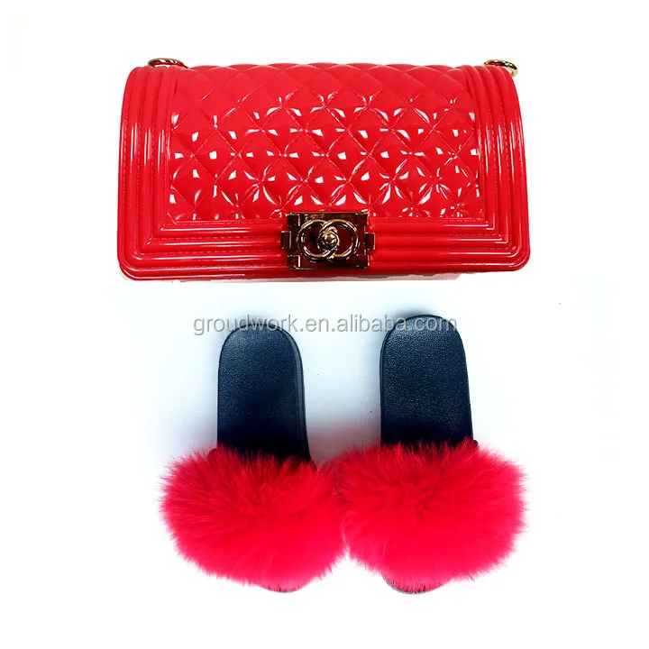 

2021 candy color jelly purse matching fluffy fur slippers women fashionable handbags sets real fox fur slides and bag sets, Colorful