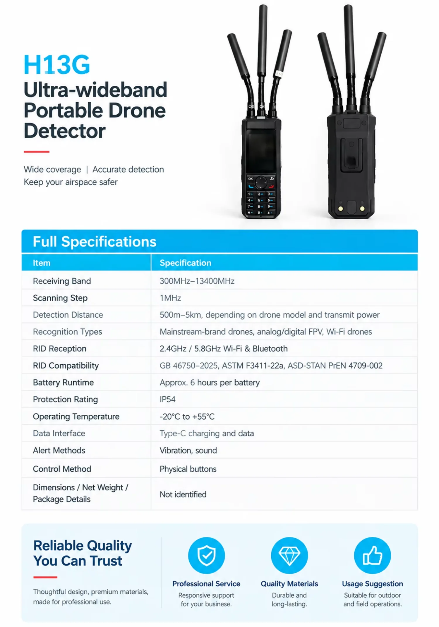 H13G Ultra-wideband Portable Drone Detector Handheld Drone Signal Finder