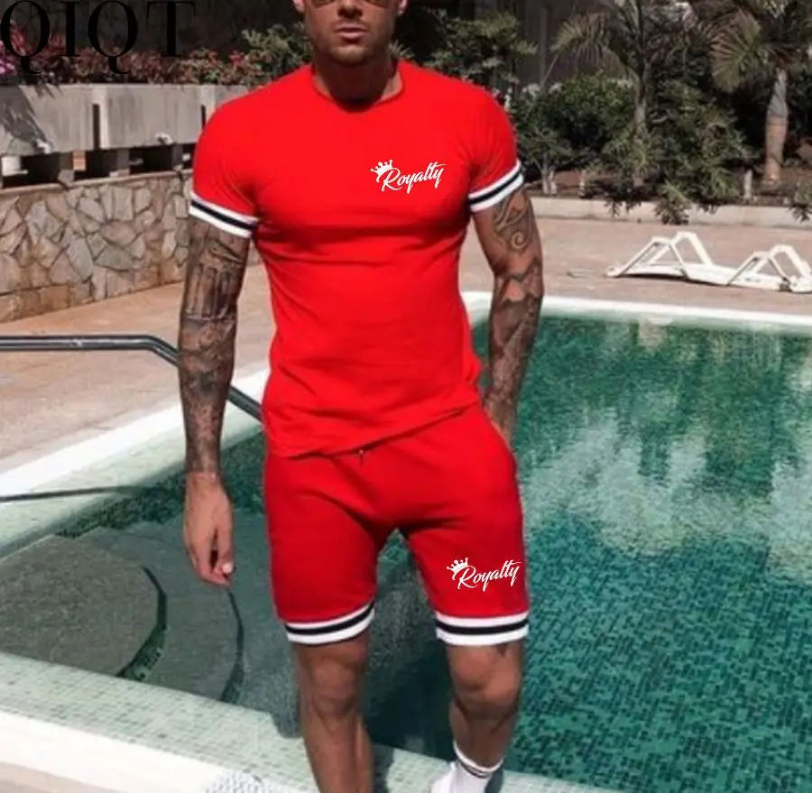 

New Style Men Sporty Letter Print Striped Red Two Piece Shorts Set 2022 Summer Mens Jogging Sweat Suits