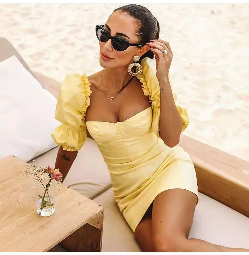 

Off-shoulder Square Collar Solid Color Yellow Women Bodycon Puff Ruffles Short Lantern Sleeve Mini Dress, Shown