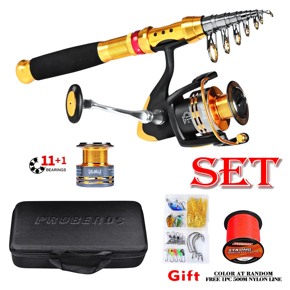 

Portable Spinning Telescopic Fishing Rod And Reel Set Reel Combo Set With Line Lures Hooks Reel and Carry Bag, Black gold