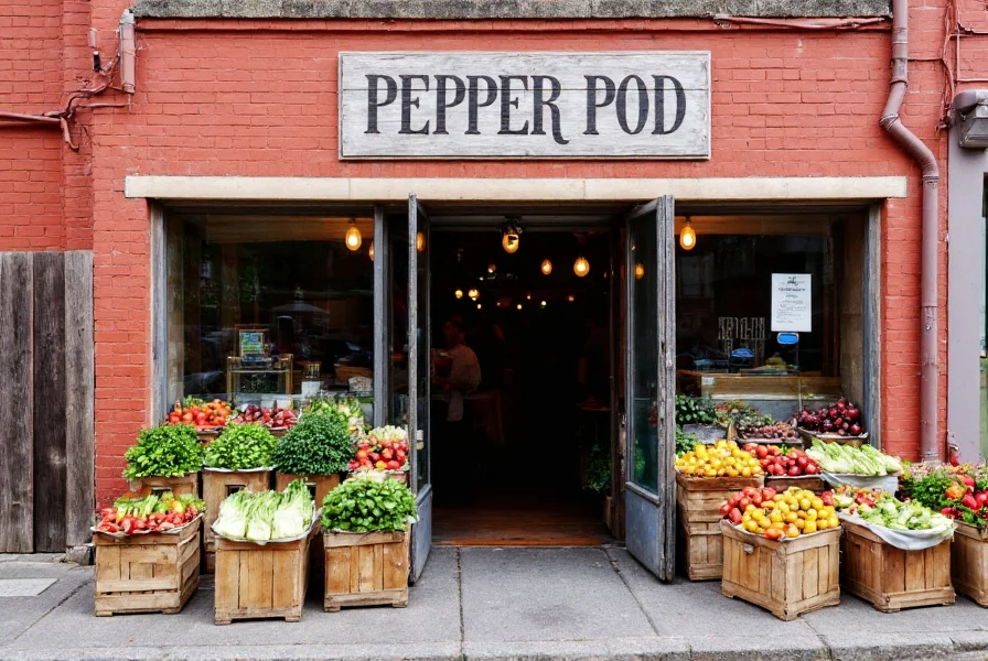 Pepper Pod market exterior showing rustic wooden sign, red brick facade, and display of fresh produce baskets on wooden crates