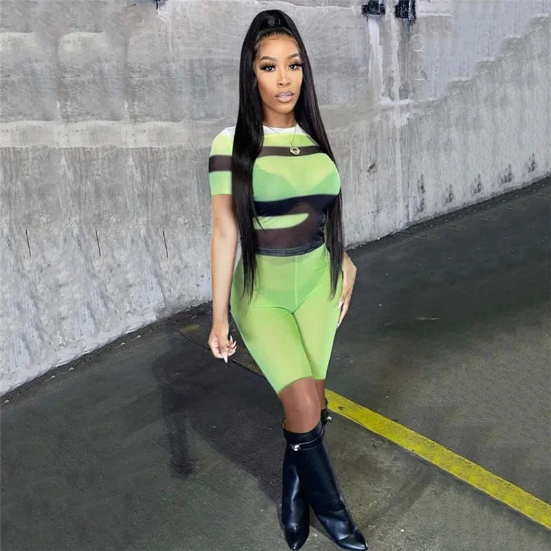 

summer Casual Womens 2 Two Piece Set Outfits Short Sleeve O Neck Patchwork Top Skinny Pants Suits Black Mesh Matching Sets