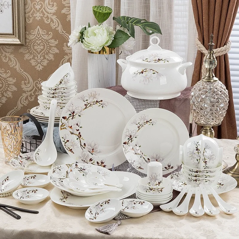 

Jingdezhen bone China tableware set 58 head fairy flower dishes household ceramic tableware dishes gift tableware set