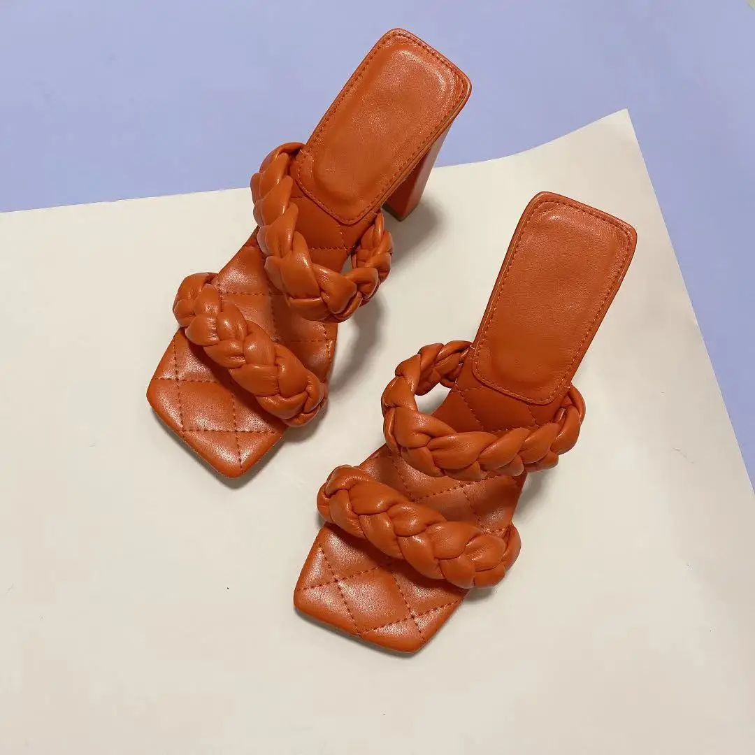 

2021 new hot wholesales factory fashion elegant women pumps slides footwear woven strap square toe block heels sandals, Black, beige, orange