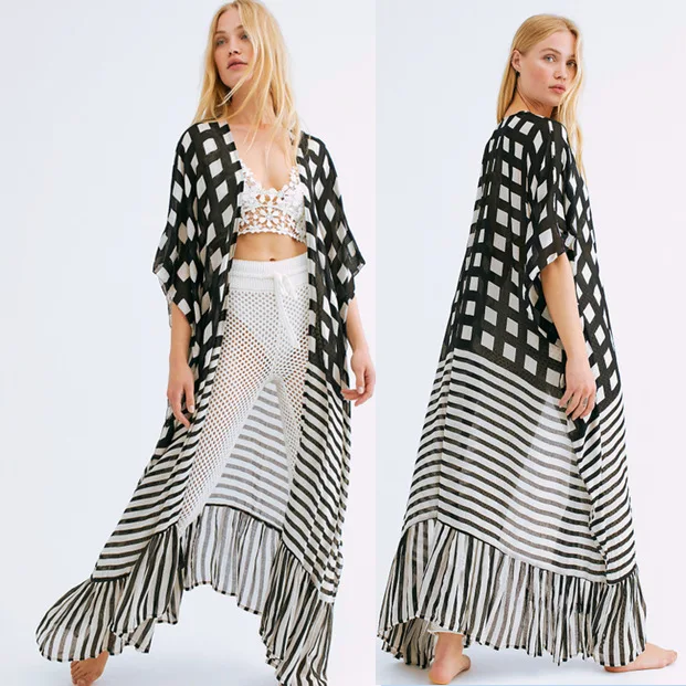 

MIO 2023 Summer New Plaid Print Chiffon Bikini Beach Wear Vacation Stripe Kimono Casual Cardigans Loose Cover Ups For Women