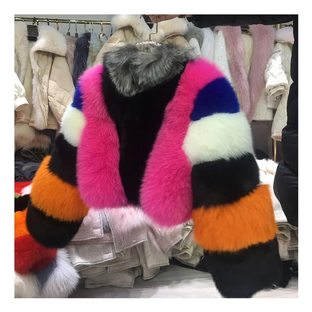 

High End Women Winter Overcoat Furry Cropped 100% Real Fox Fur Coat For Ladies Trendy, Multi color