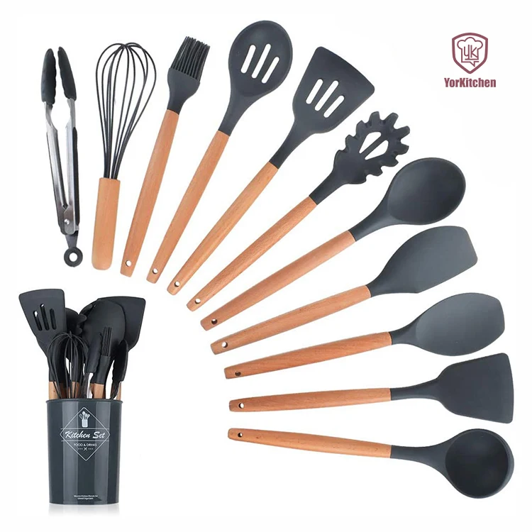 

Non-stick Silicone Kitchen Set Heat Resistant Cookware Kitchen Utensil Set Non Toxic Spatula Spoon Set, Black
