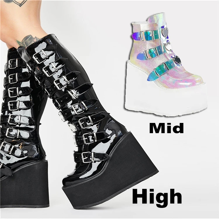 

Fashion plus size black botas de mujer high heel motorcycles female ladies buckle platform wedge winter women ankle boot shoes, All color available