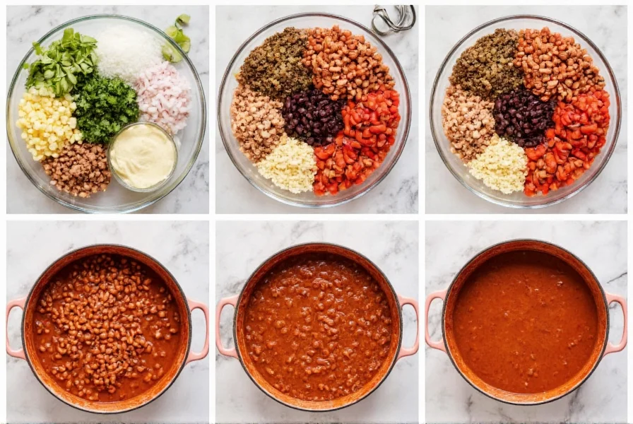 Step-by-step preparation of chili recipe with beans showing ingredients in bowls and cooking process