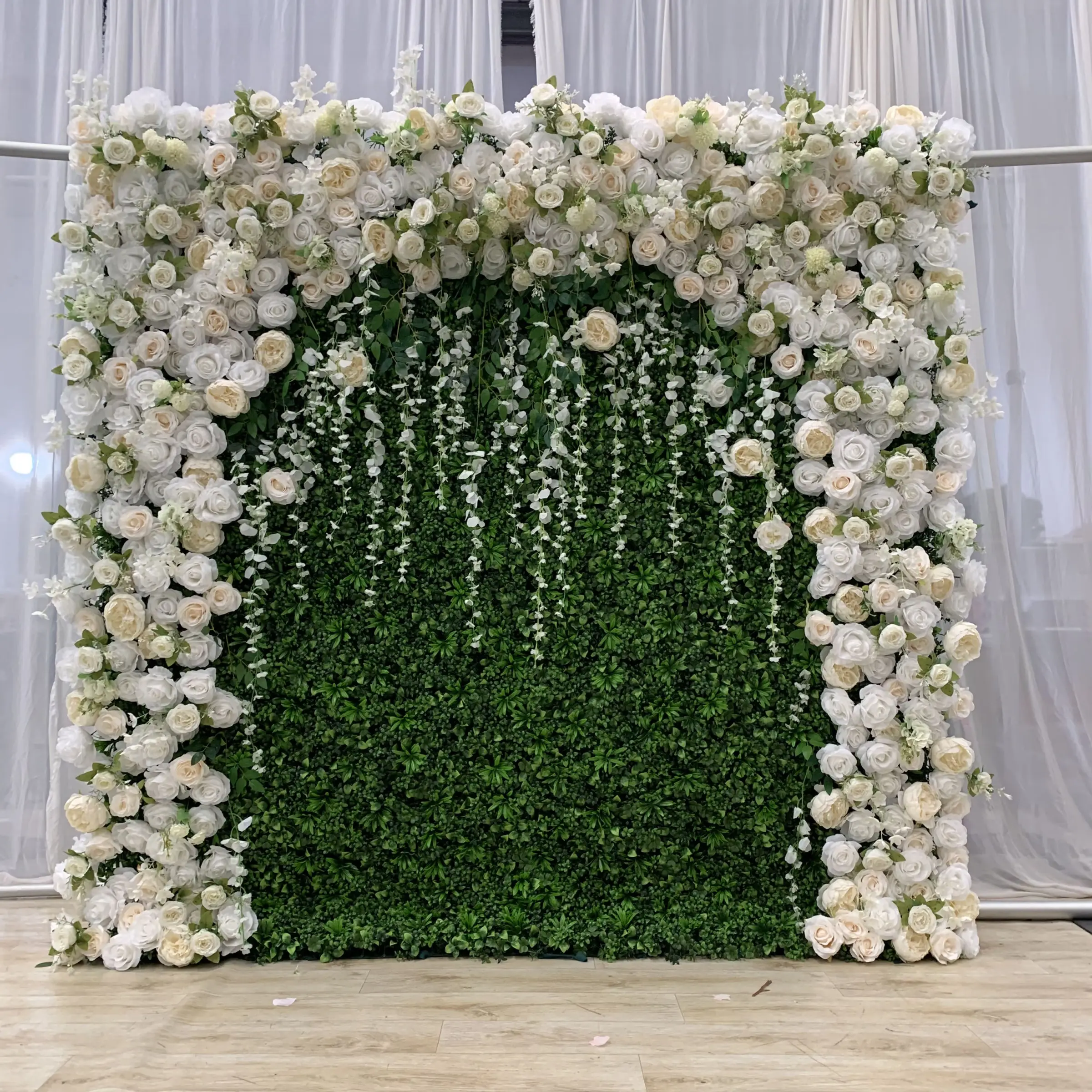 Wholesale Custom White and Green Silk Artificial Decorative Flower Wall Wedding Supplies Decoration Rose Backdrop