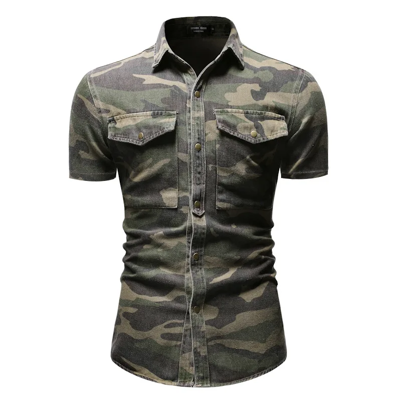 

Wholesale Price Of New Summer Short Sleeve Camouflage Young Arm Green Men Denim Shirt