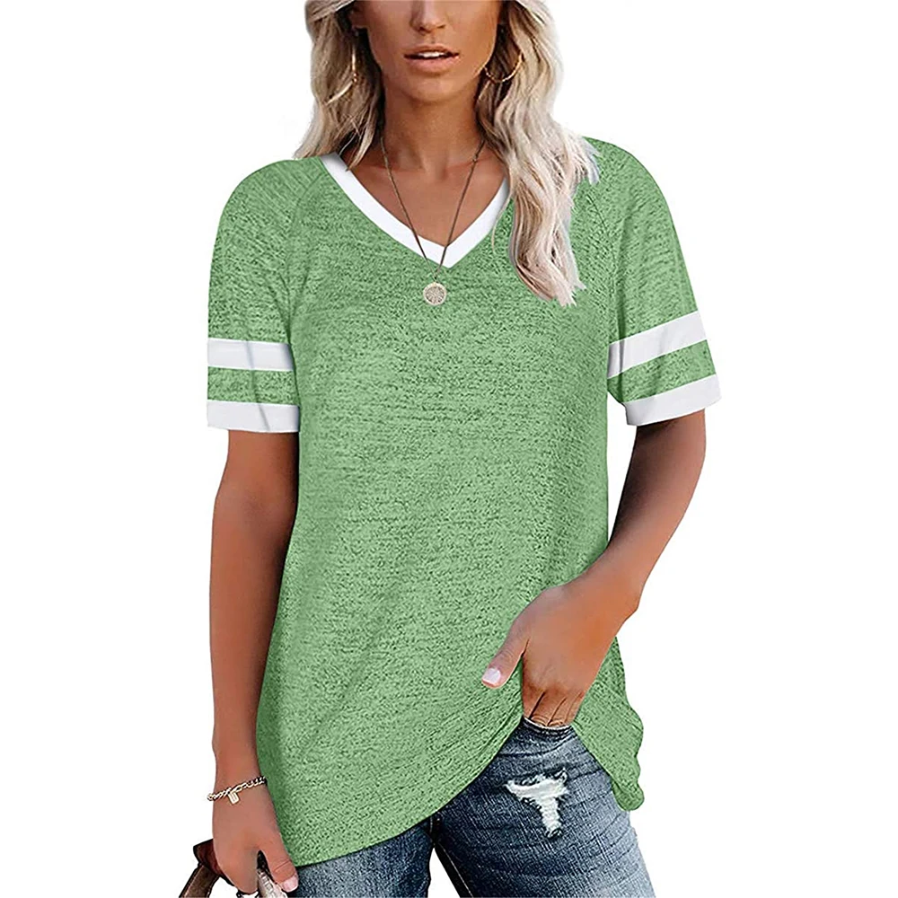 

amazon top seller 2021 Womens V Neck T Shirts Loose Fit Short Sleeve Tunics Tops Color Block Casual T Shirt Blouses