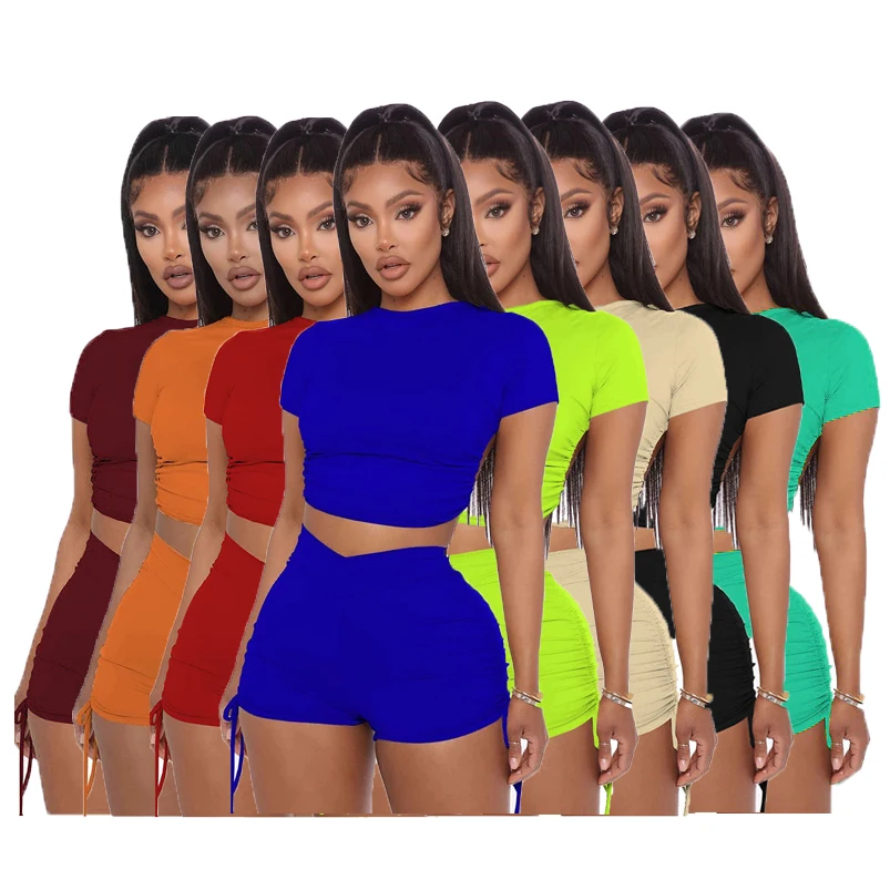 

2022 Crop Top Summer Outfits Hollow Out Skinny Sexy 2 Piece Set Women Summer Clothing Two Piece Shorts Set Biker Shorts Sets, Picture color