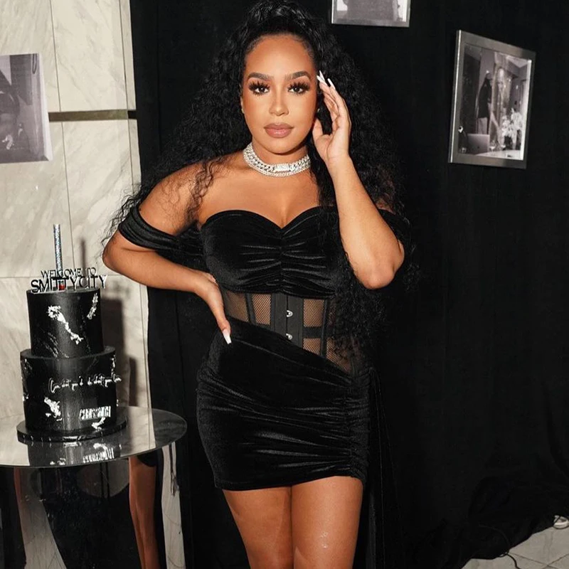 

Bomblook W21ST143 Sexy See Through Strapless Corset Mini Bodycon Women Two Piece Set Solid Black Casual Home Wear Set