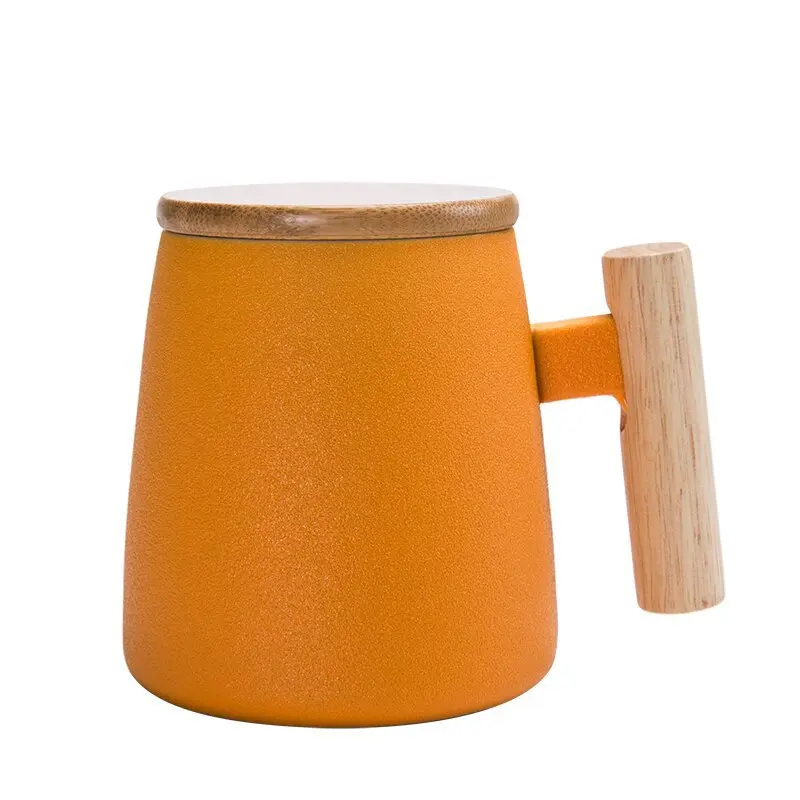 

Home and Office Coffee Cups Ceramic Mug with Wooden handle Nordic Bamboo Lid Creative Pure Color Coffee Mugs Good Gift, White,black,green,blue,orange