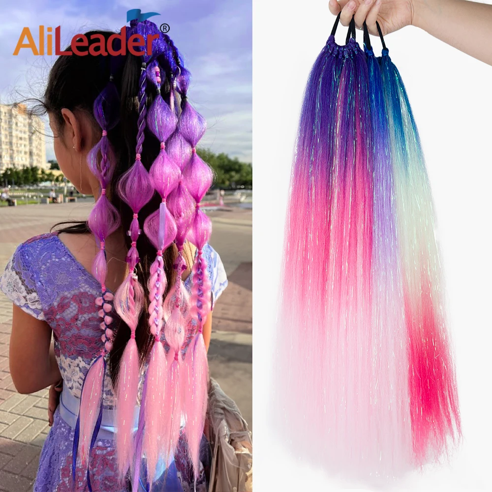 

AliLeader 24" Color Dazzling Shining Ombre Glitter Jumbo Braiding Pony Tail Synthetic Hair Tinsel Ponytail with Rubber Hair Band