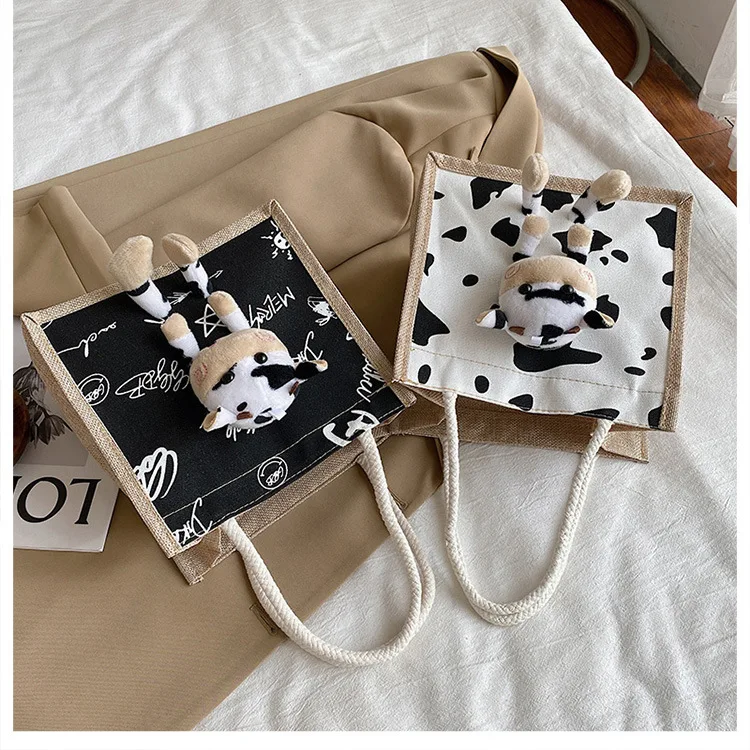 

Popular High Quality Ladies Handbags Women Bags Cow Pattern Lunch Box Kids Bag School Lunch Box Bag With Plush Toys