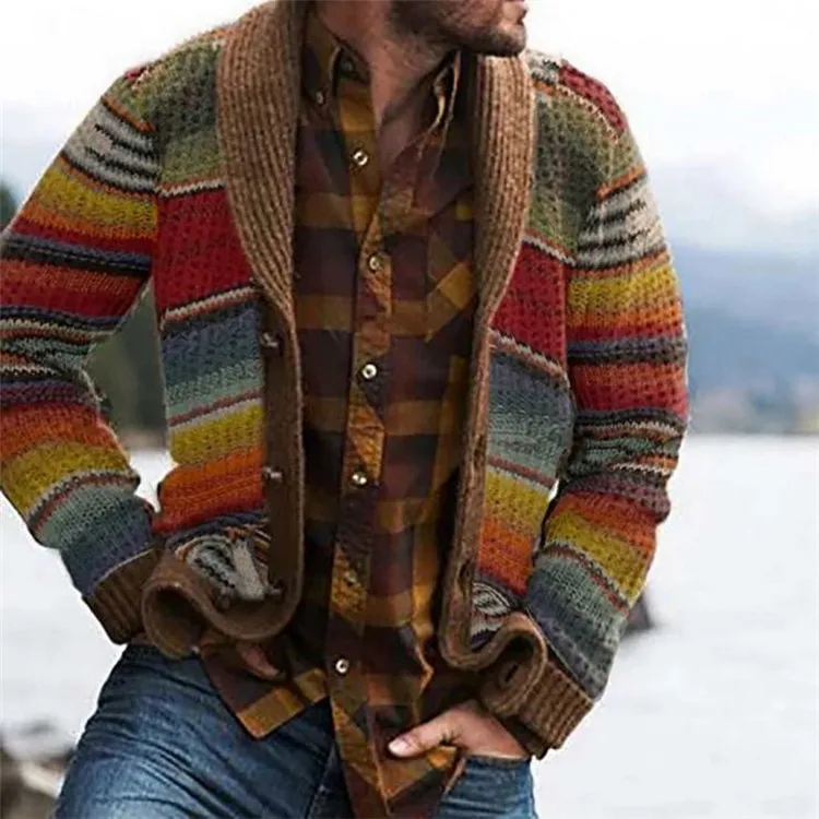 

Europe And America Sweater Cardigan Mens Sweaters Wool Color Block Rainbow Striped Sweater Tops Mens Cardigans, Different colors and support to customized