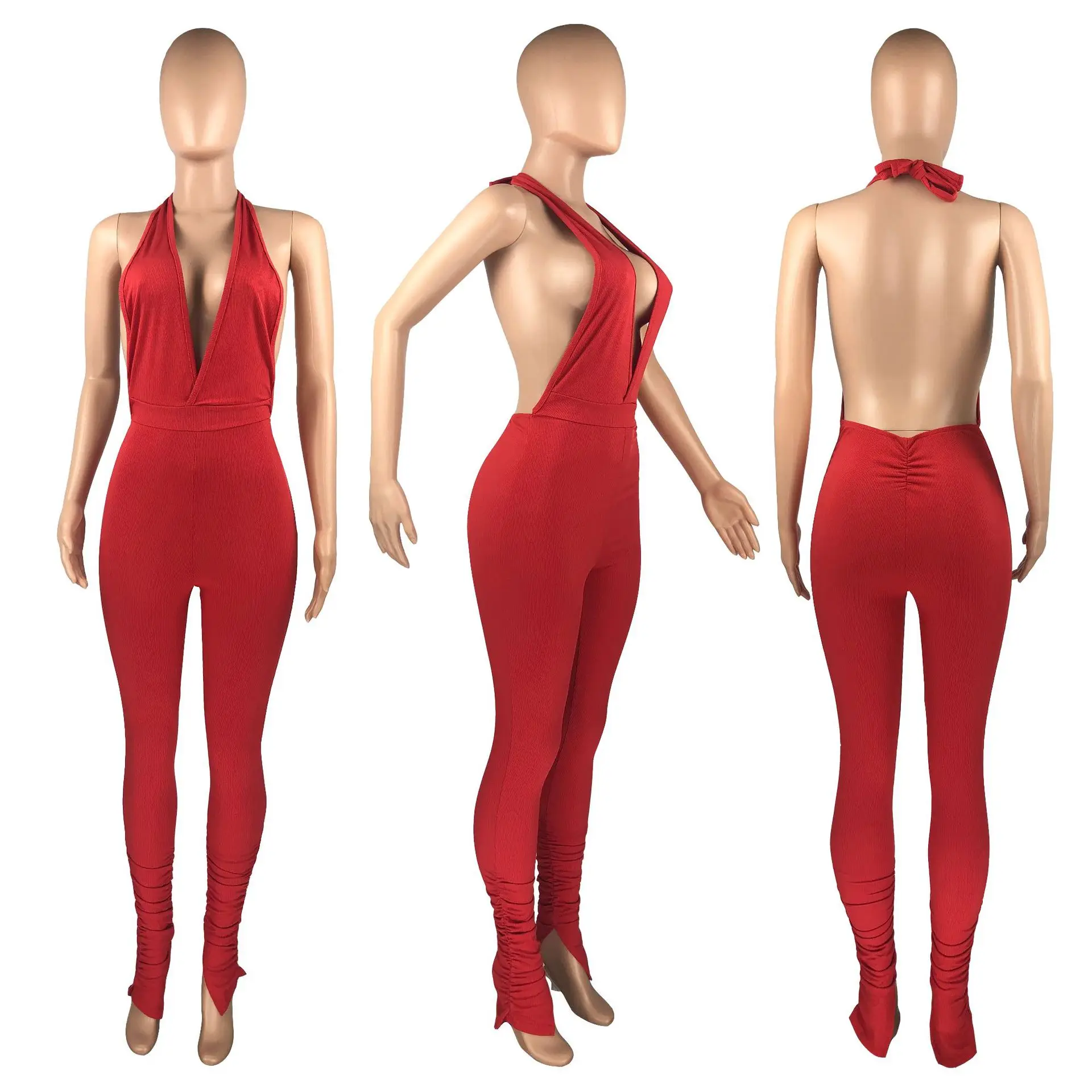 

Casual Good Stretchy Solid Color Women Jumpsuit Deep V-neck Halter One Piece Plain Sexy Romper For Women, 3 colors