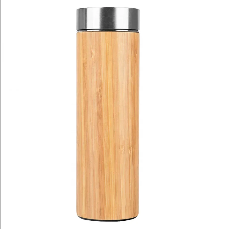 

No min 500ml double wall natural bamboo 18/8 stainless steel heat insulated water bottle vacuum flasks coffee mug with infuser, Bamboo color