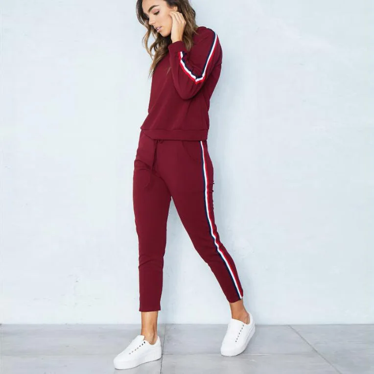 

New womens clothing 2021 lady casual running suit long-sleeved trousers side stripe printing 2 piece jogger set women, Show