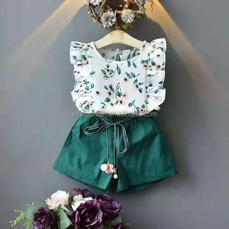 

J&H fashion ropa de nina summer shorts sets floral sleeveless ruffle tops + solid color shorts kids clothes outfits, 1 colors