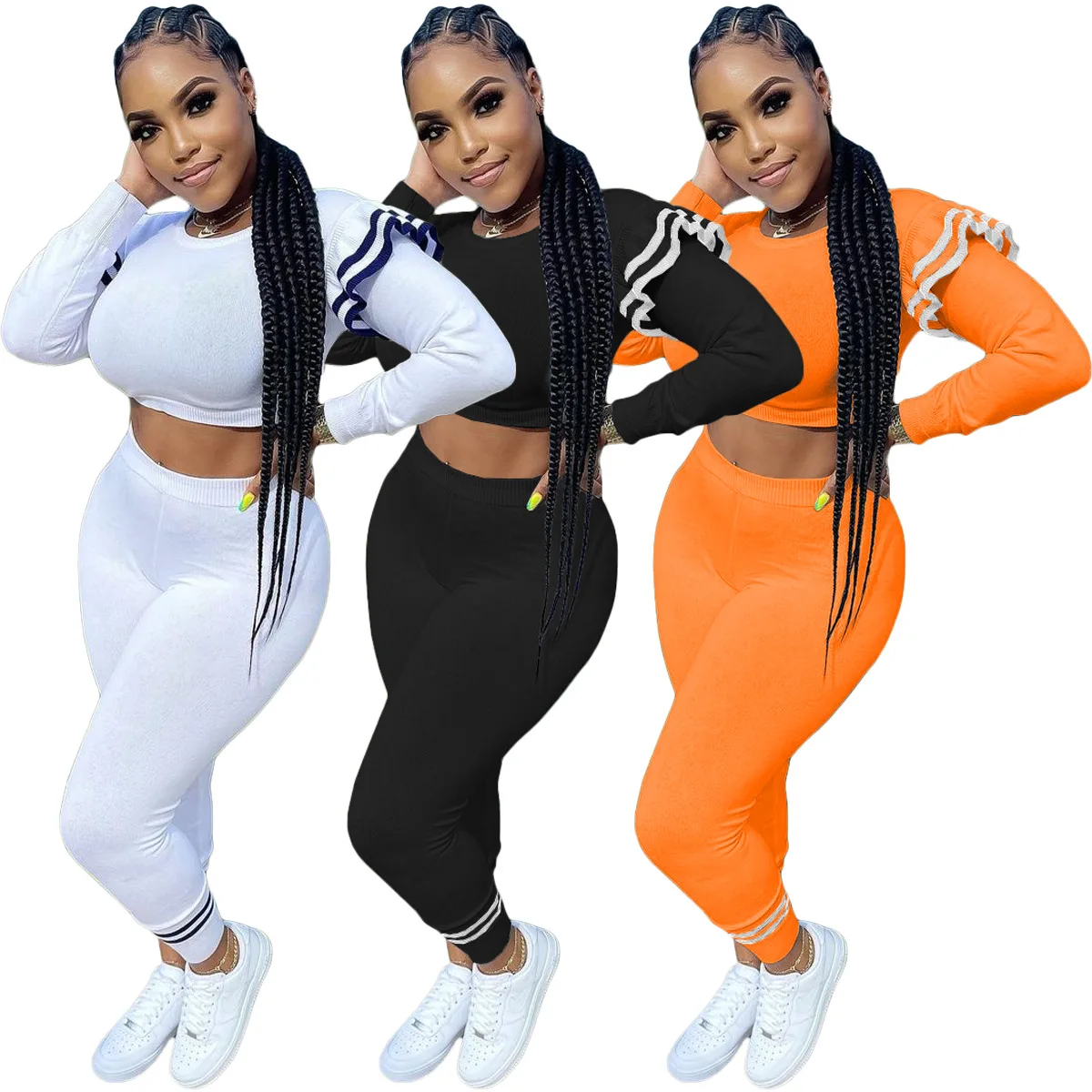 

YD - ZQ8115 Fashionable long ruffle sleeves 2 pieces women casual ribbed sets solid color fall two piece sets for women