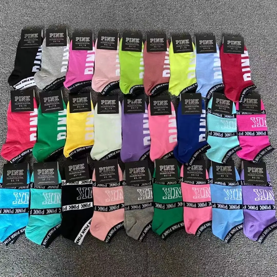 

wholesale cheap colorful pink socks women custom embroidery ankle socks