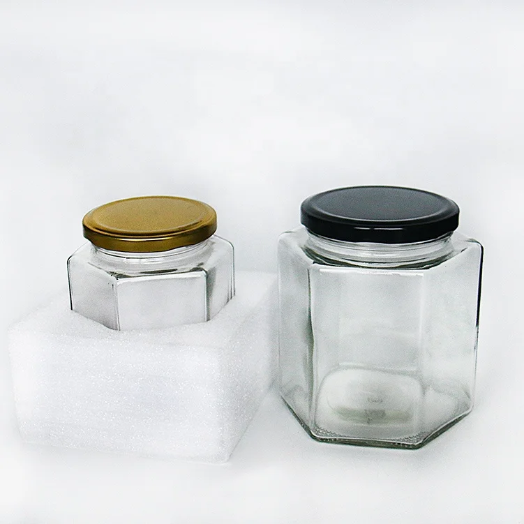 

45ml 180ml 380ml Pickle Jam Honey Glass Container Hexagon Glass Jars Toples With Foam Box, Clear transparent