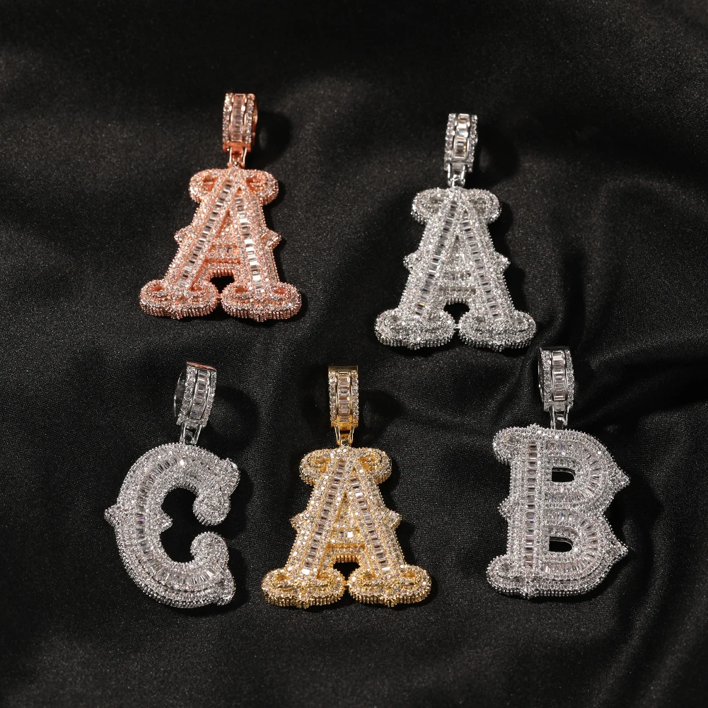 

New Arrival Iced Out 3A Cubic Zircon Gold Plated letter name Necklaces Women Initial baguette Letter Necklace bling pendant