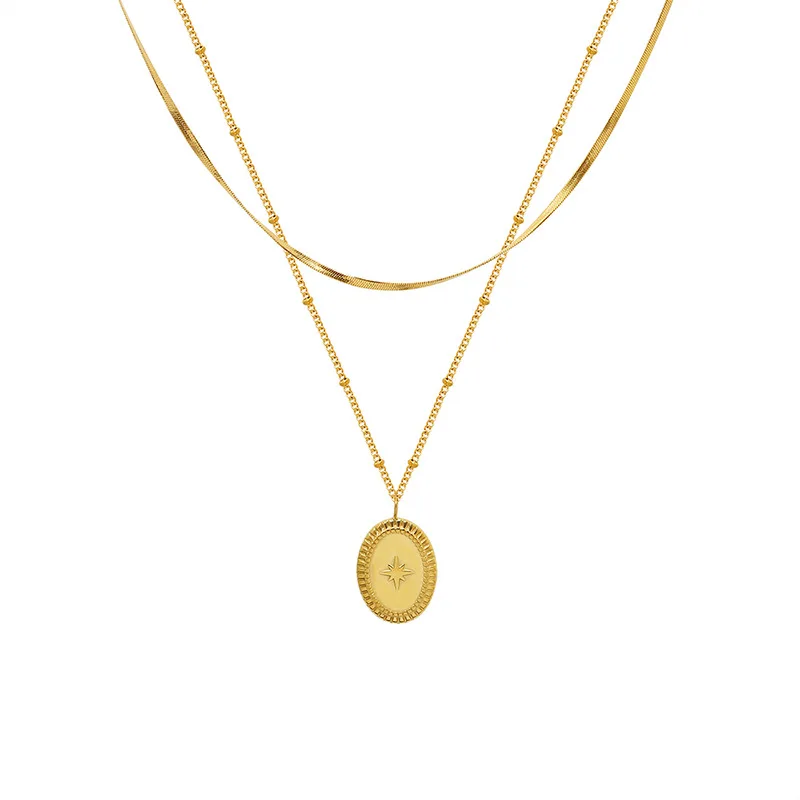 Joolim 18K Gold Plated Double-Layer Beads Herringbone Chain Eight-pointed Star Oval Pendant Necklace Stainless Steel Jewelry