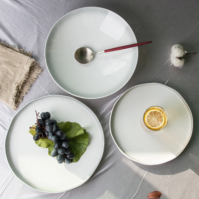 

2020 New Collection Ceramic irregular porcelain flat white plate with grey edge, White color