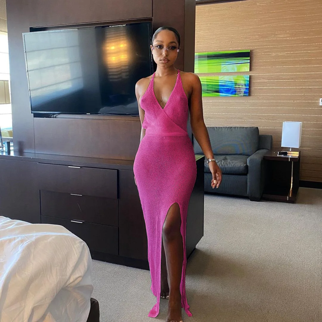 

Free Shipping R05124 - women sexy backless sleeveless halter solid split dress