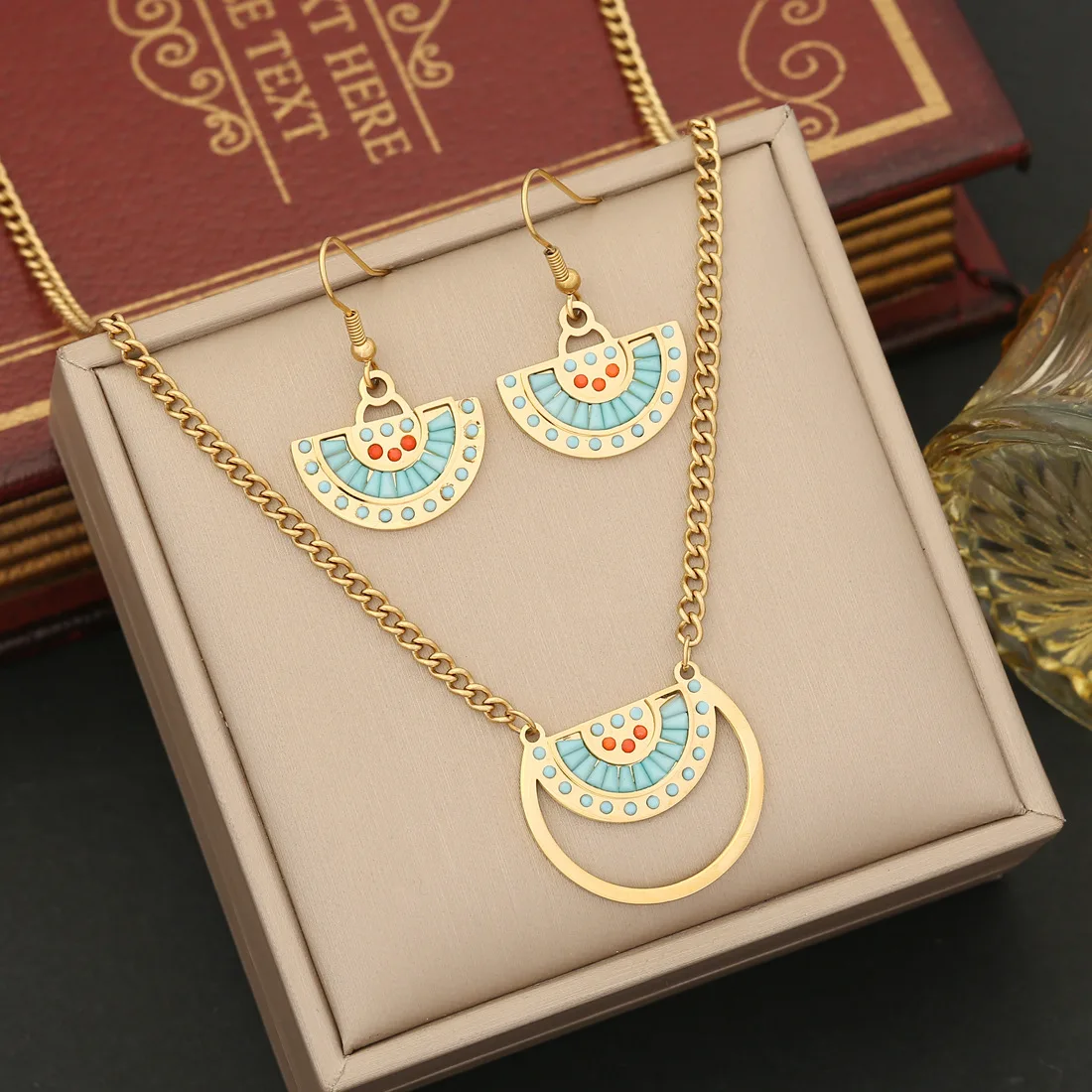 2023 New Arrival 18K Gold Plated Non Tarnish Stainless Steel Boho Necklace and Earring Jewelry Set For Women