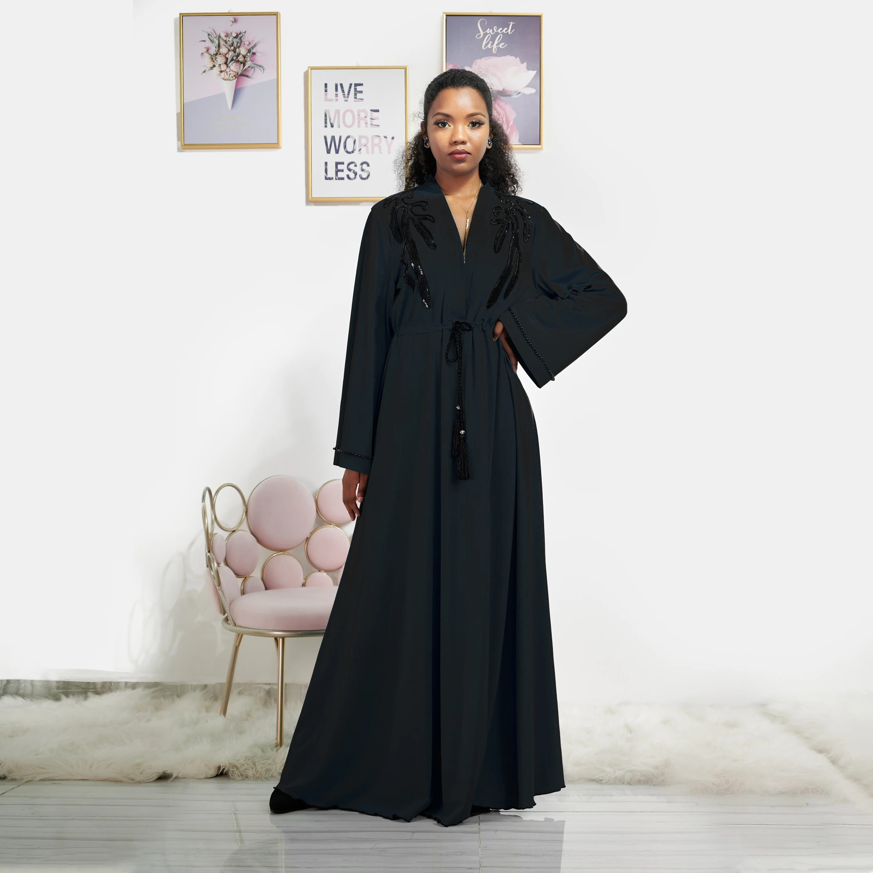 

Ramadan Popular women open Abaya Dubai Muslim Dresses with Shining Sequins pattern Wholesale Islamic Abayas Cardigan, Black and blue