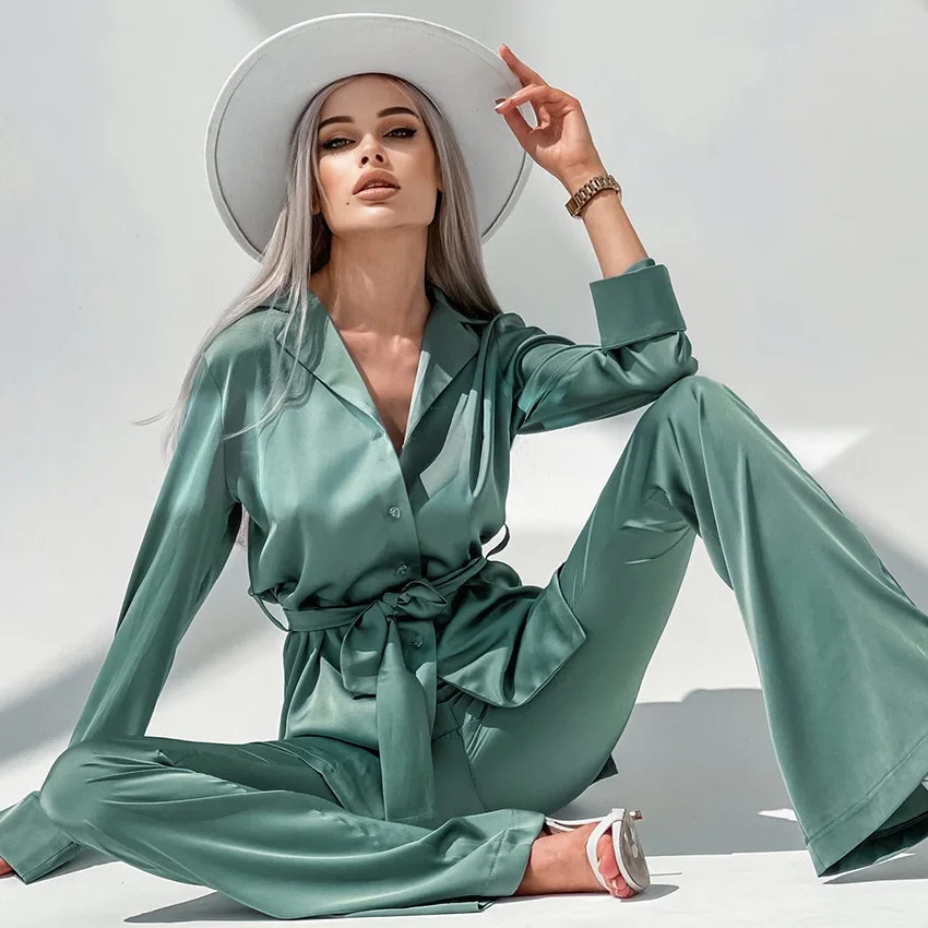 

European and American fashion imitated silk green long sleeve trouser pajamas suit in plain color women's homewear
