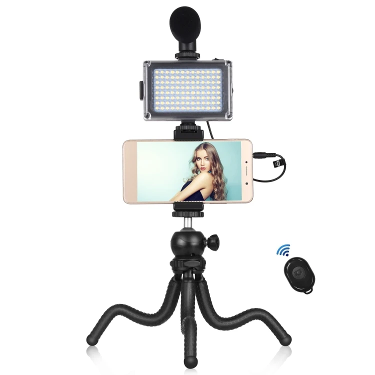 

Drop Shipping PULUZ 4 in 1 Vlogging Live Mini Octopus Bracket Kit + Studio Light + Microphone + Phone Clamp Kits