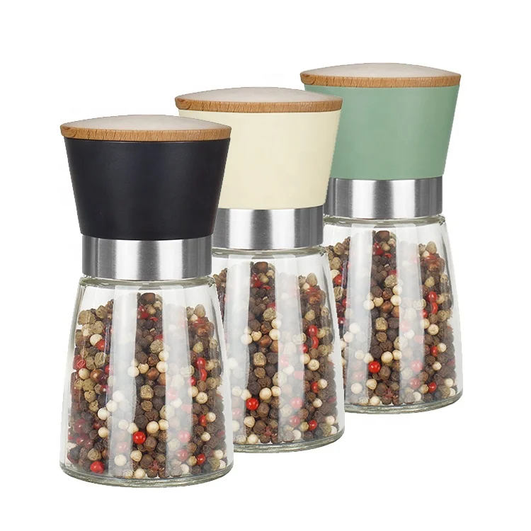 

Colorful Plastic Top with Wood Lid Stainless Steel ring Ceramic core Pepper Salt and Spice Grinder with 170ml glass jar